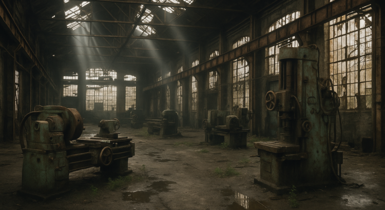 Verlassene Industriehalle mit Lichtstrahlen durch zerbrochene Glasdaecher und alten Maschinen