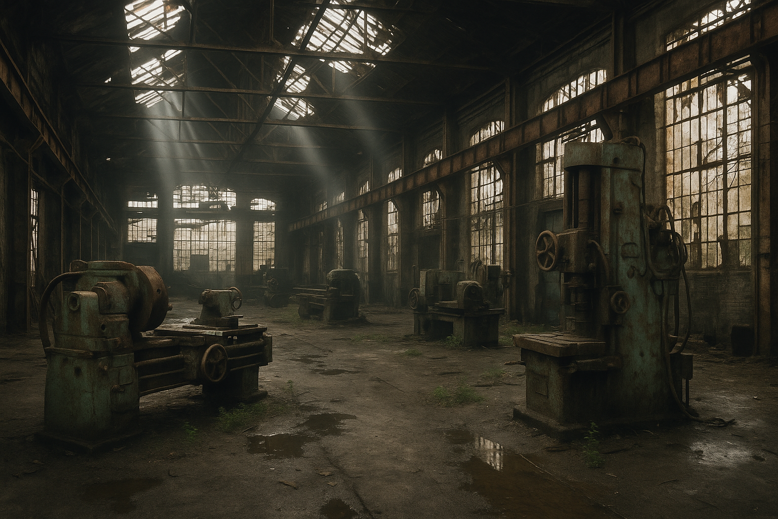Verlassene Industriehalle mit Lichtstrahlen durch zerbrochene Glasdaecher und alten Maschinen