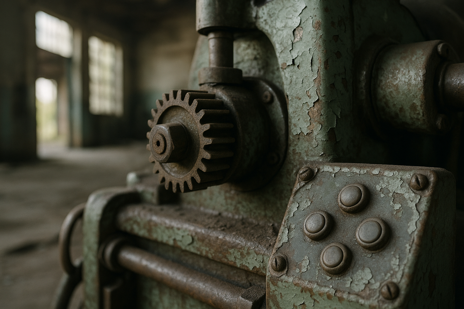Detail einer alten Industrie-Maschine mit Rost und abgeblaetterter gruener Farbe